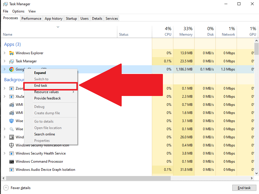 Task Manager showing the "End Task" button highlighted on one of the apps