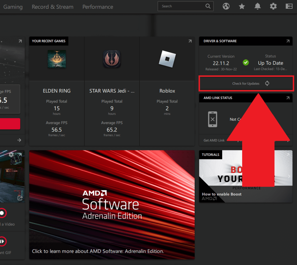 AMD Adrenaline Software window showing the "Check for Updates" button highlighted 