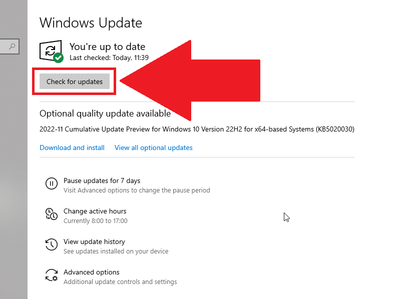 "Windows Update" page showing the "Check for updates" option highlighted in red