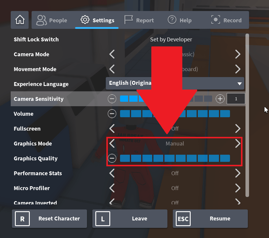Roblox Settings page showing the "Graphics Mode" and "Graphics Quality" options highlighted