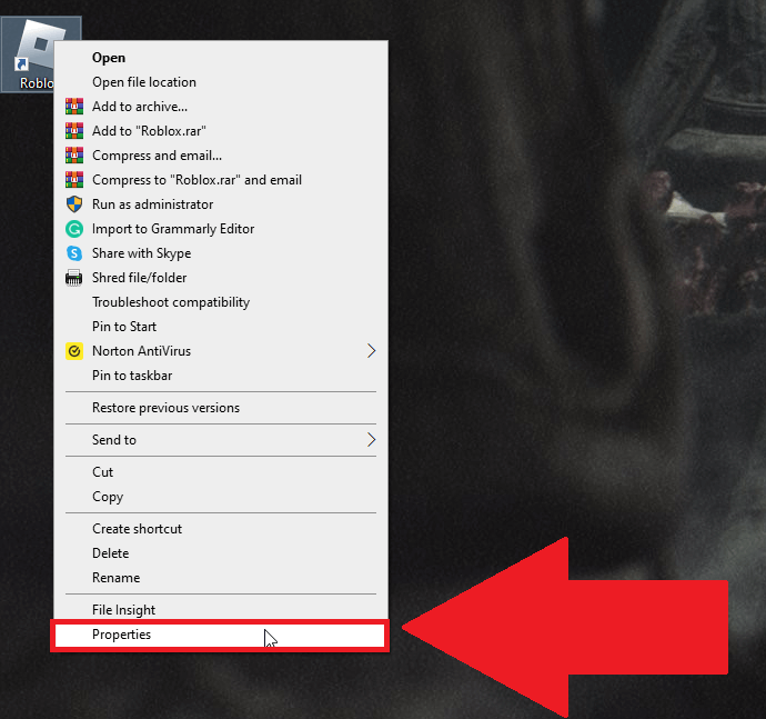 Windows 10 desktop showing the right-click menu for Roblox, and the "Properties" option selected