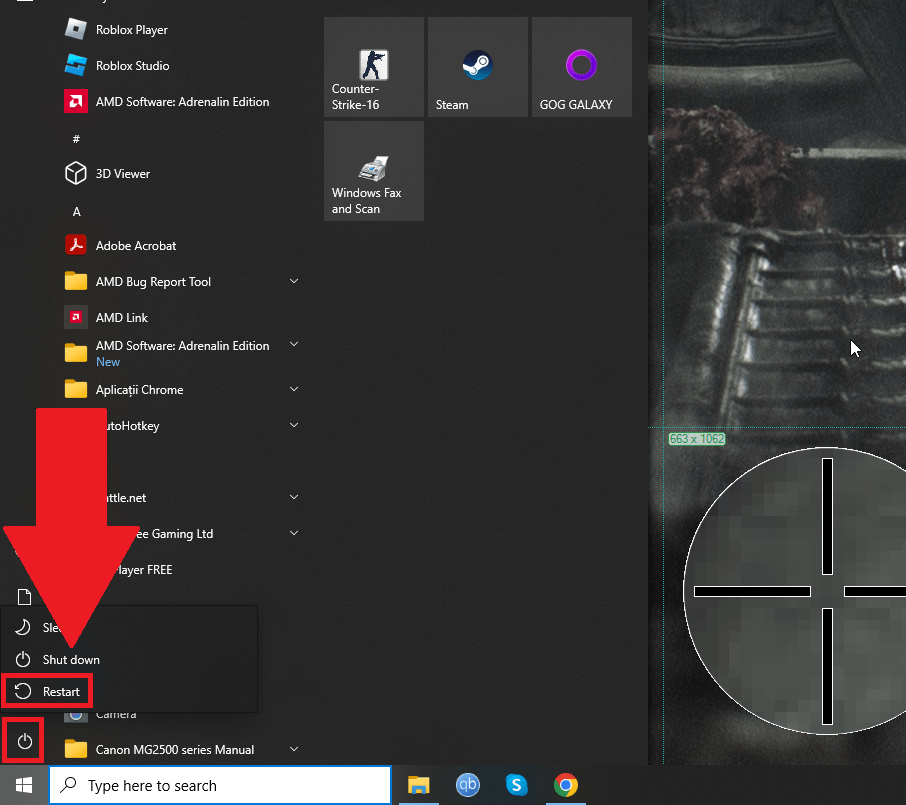Windows 10 Start menu showing the "Booting" and "Restart" options selected