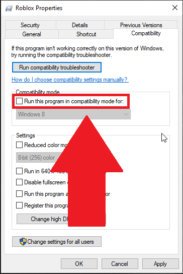 Roblox Properties showing the "Run this program in compatibility mode for" option highlighted in red