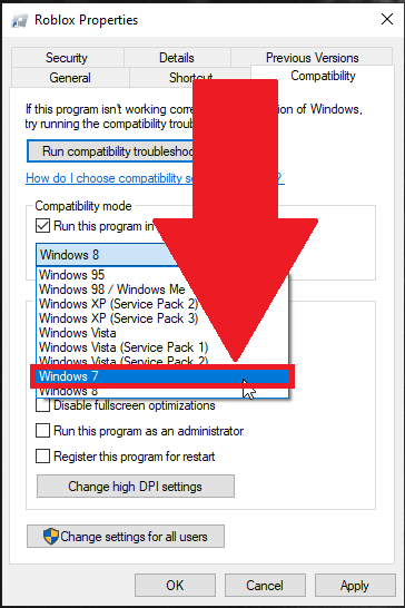 Roblox Compatibility properties with the "Windows 7" option highlighted in red