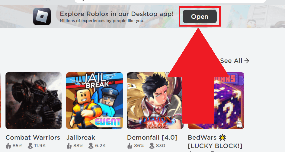 Roblox official website showing the "Open" button highlighted