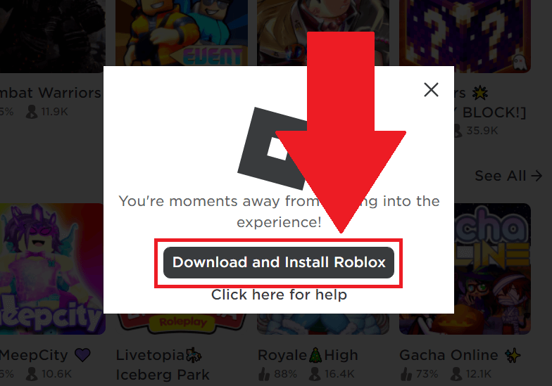 Roblox website notification showing the "Download and Install Roblox" option highlighted