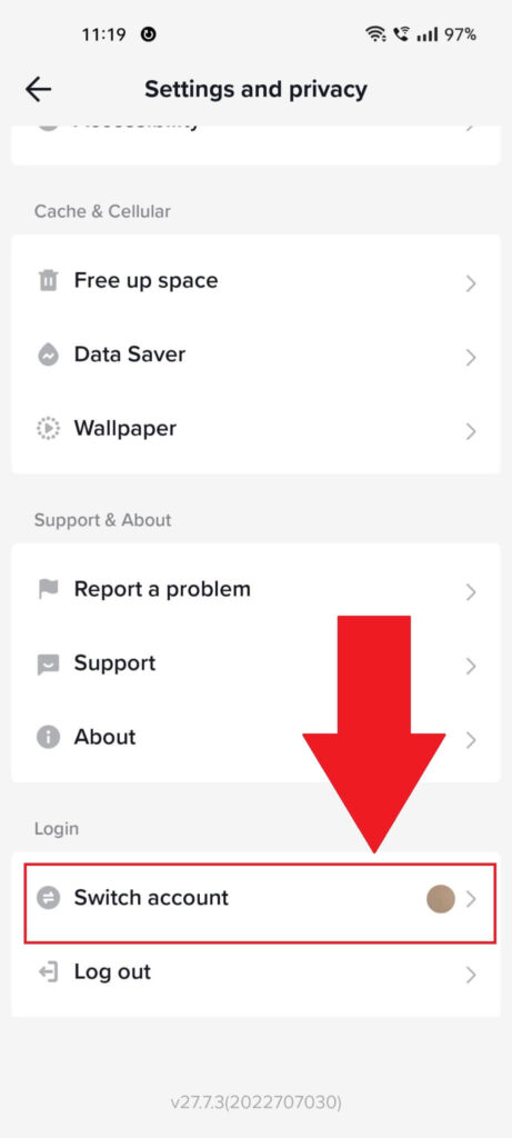 TikTok "Settings and privacy" page where the "Switch account" option is highlighted in red