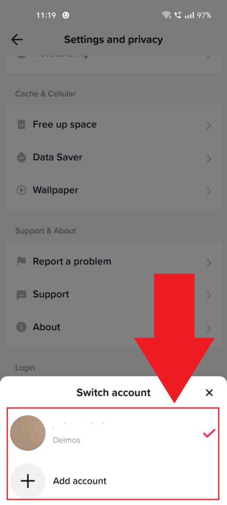 TikTok settings page showing the "Switch account" menu where your accounts are highlighted in red