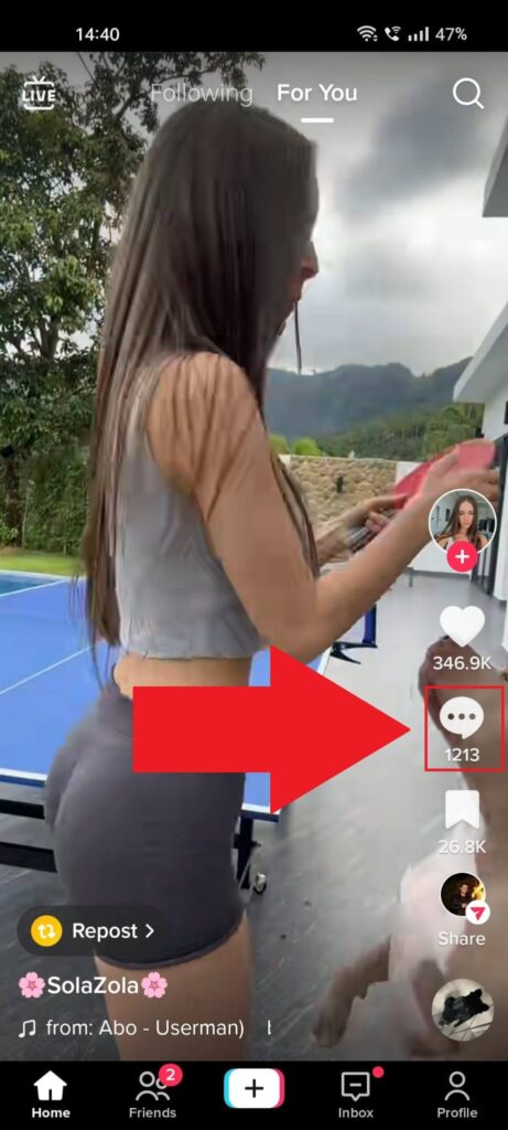 TikTok random video showing the "Comment" icon highlighted in red