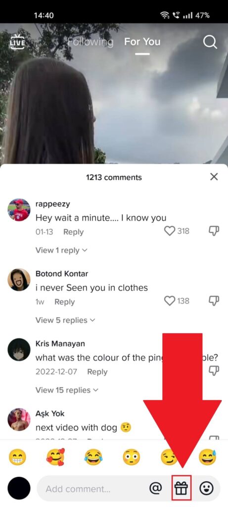 TikTok comments section showing the "Gifts" icon highlighted in red