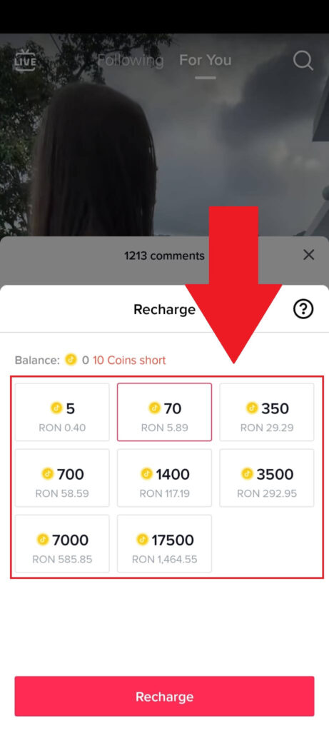 TikTok "Recharge" window showing multiple coin amount options that you can buy