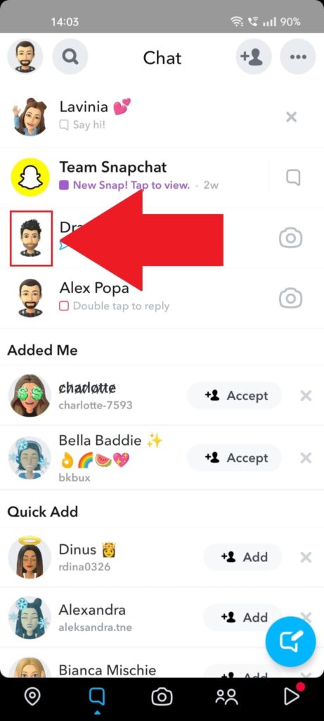 Snapchat "Chats" page where a friend's profile picture is highlighted in red