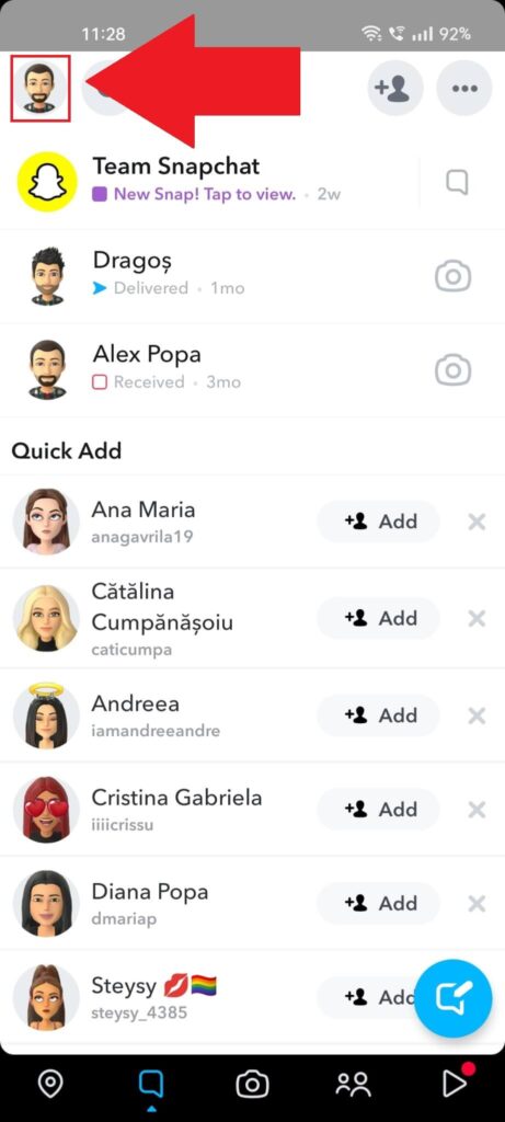 Snapchat "Chats" page showing the profile picture highlighted in the top-left corner