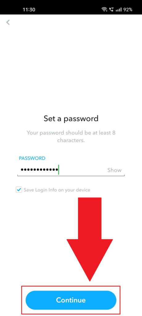 Snapchat password page showing the "Continue" button highlighted