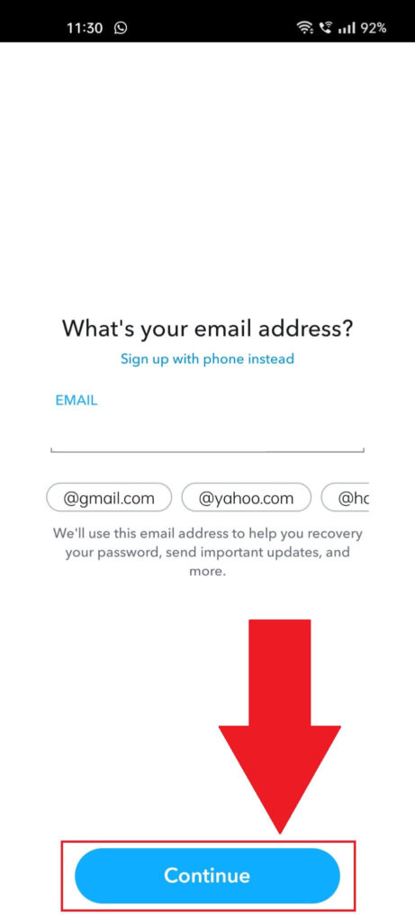 Snapchat account creation screen showing the email address field, where the "Continue" button is highlighted in red