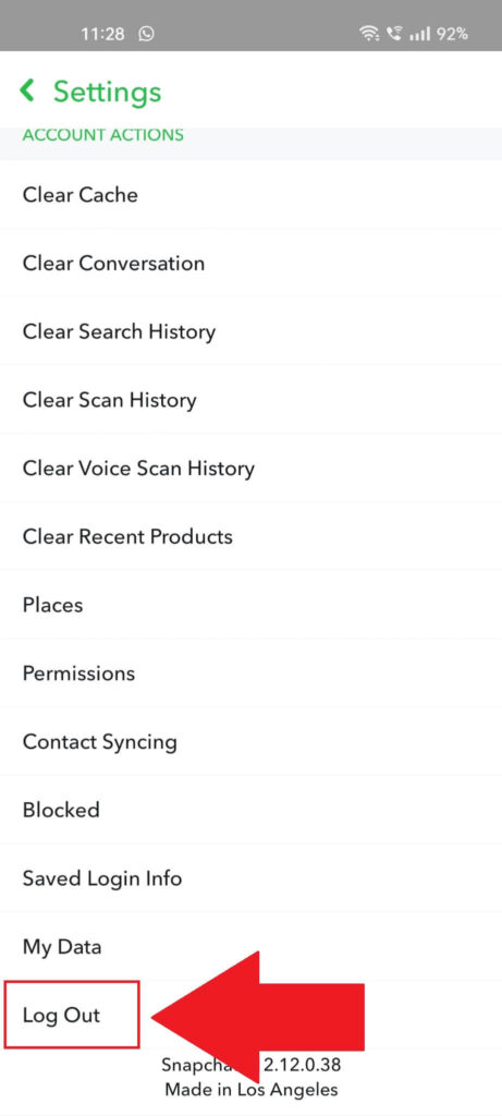 Snapchat settings showing the "Log Out" button highlighted in red