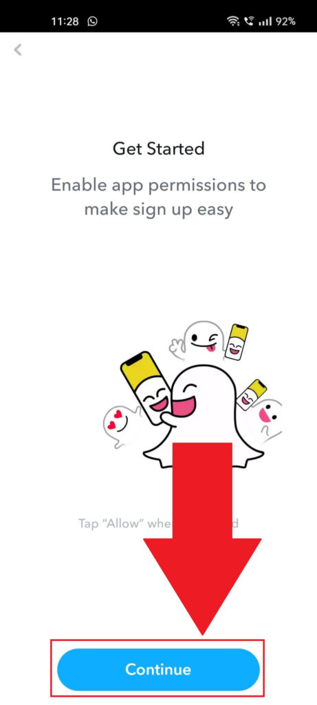 Snapchat account creation page showing the "Continue" button highlighted in red