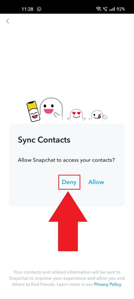 Snapchat "Sync Contacts" notification where the "Deny" option is highlighted