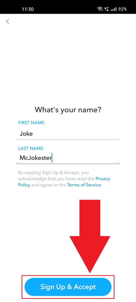 Snapchat login page showing the "First Name" and "Last Name" fields filled out, and the "Sign Up & Accept" button highlighted