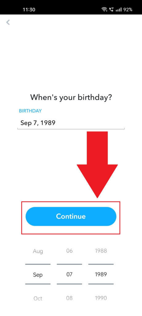 Snapchat birthdate page showing the "Continue" button highlighted in red