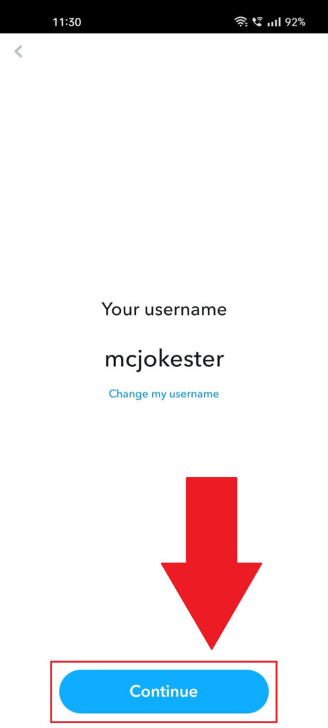 Snapchat page showing your username, where the "Continue" button highlighted in red