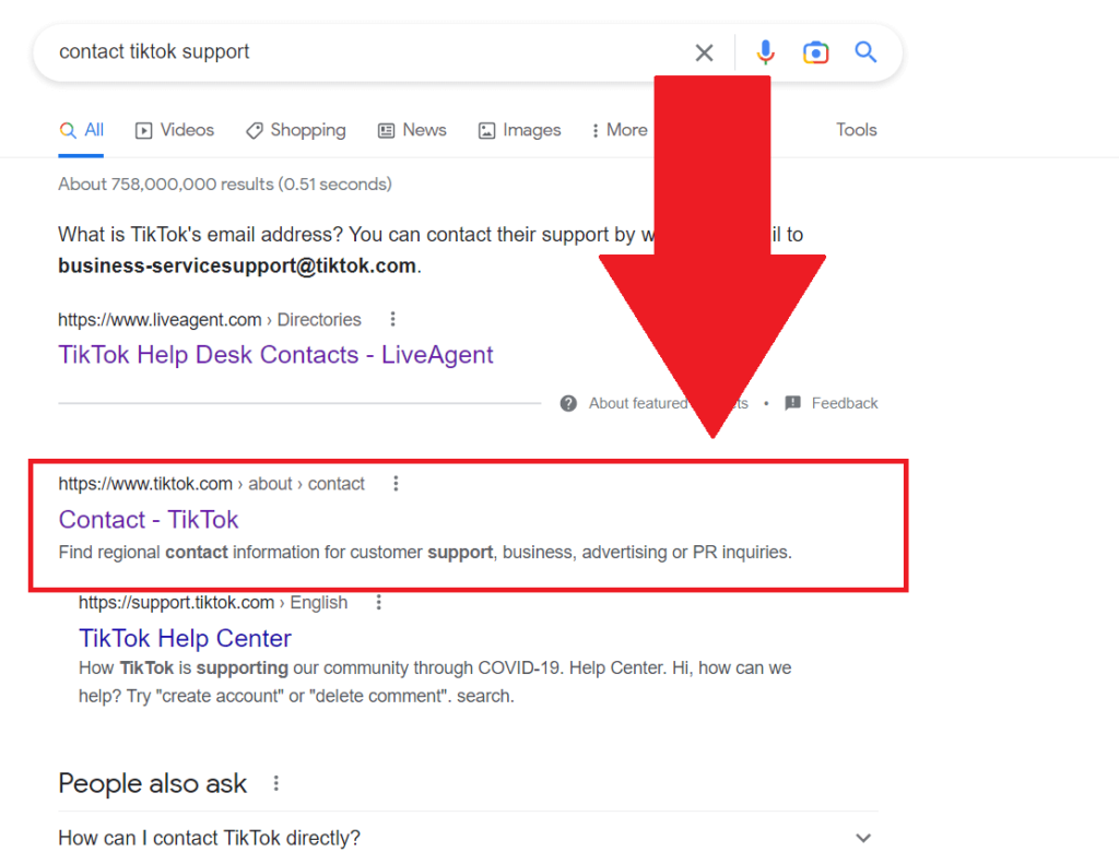 Google Chrome search results showing the TikTok Contact webpage selected