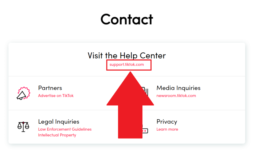 TikTok website showing the "support.tiktok.com" option highlighted in red