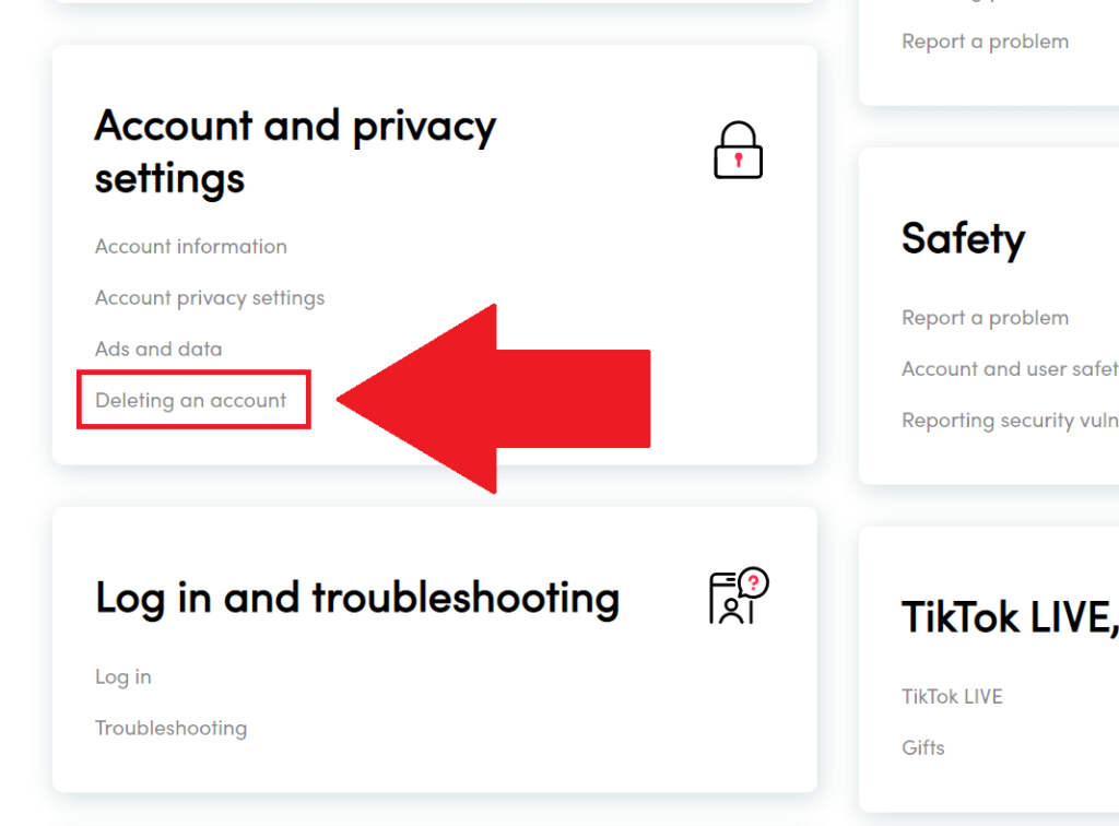 TikTok support page showing the "Deleting an account" option highlighted under the "Account and privacy settings" heading