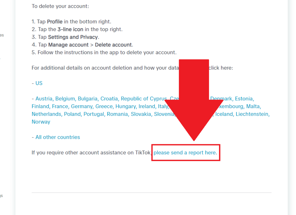 TikTok "Deleting an account" support page where the "please send a report here" option is highlighted in red