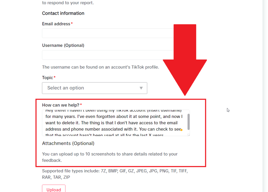 TikTok report page showing a possible explanation for deleting a TikTok account you can't access