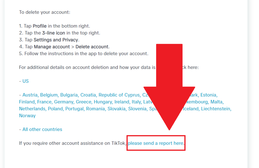TikTok Help Center showing the "Please send a report here" option highlighted in red