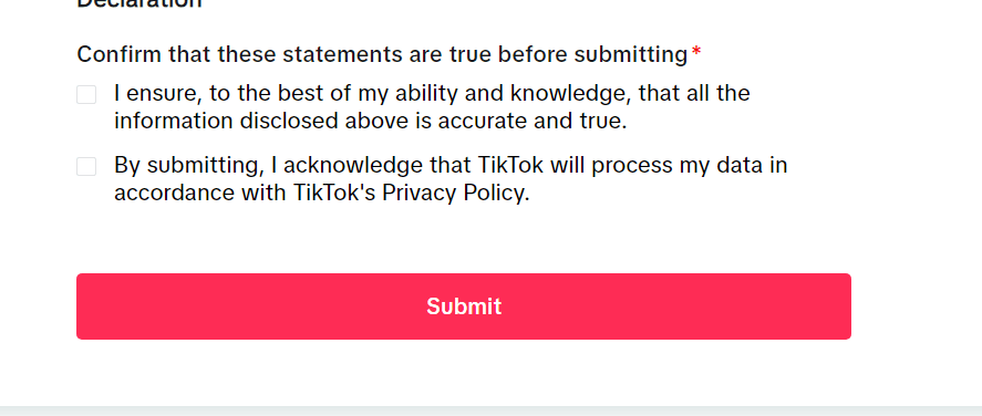 TikTok report form showing the "Submit" button highlighted