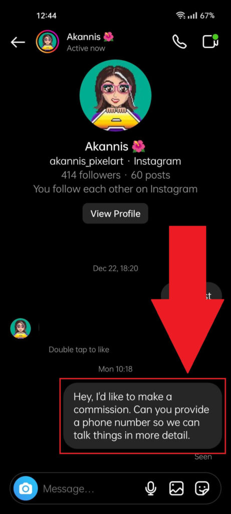 Instagram chat page showing a self-sent message highlighted in red