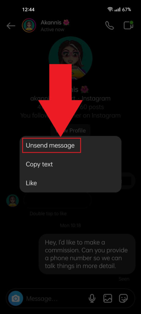 Instagram chats page showing a notification where the "Unsend message" option is highlighted in red