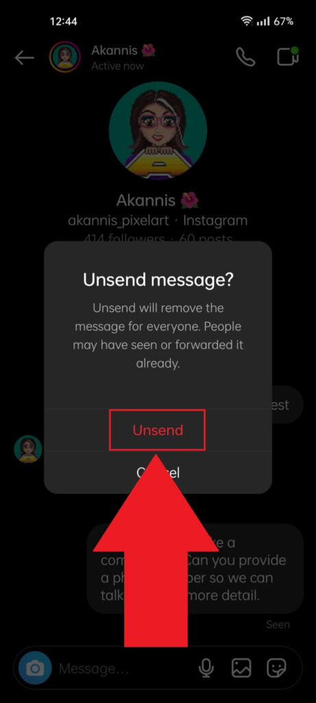 Instagram notification window where the "Unsend" option is highlighted in red
