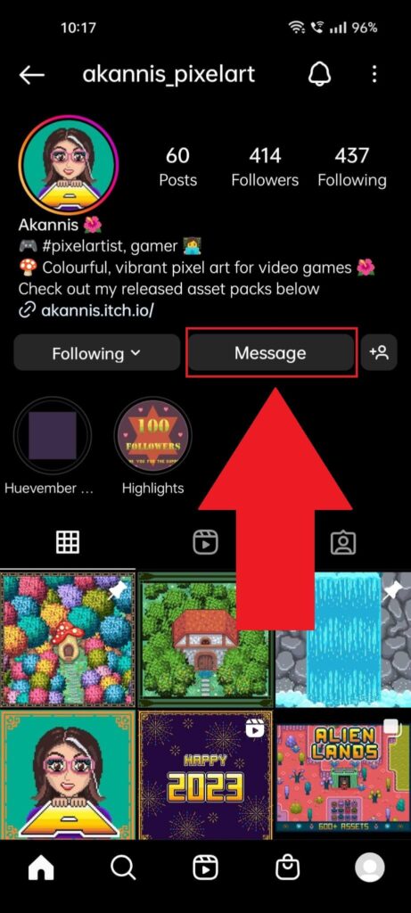Instagram profile page showing the "Message" button highlighted in red