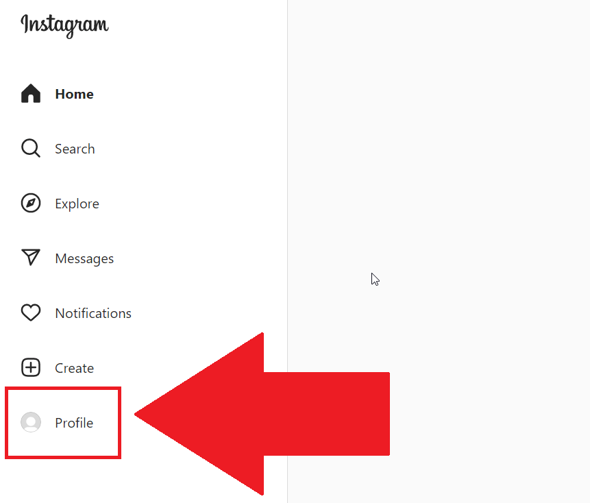 Instagram website on a computer where the "Profile" icon is highlighted in red