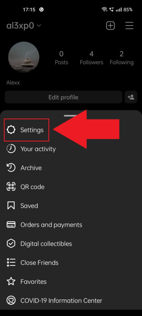 Instagram profile page showing a menu at the bottom of the page where the "Settings" option is highlighted in red