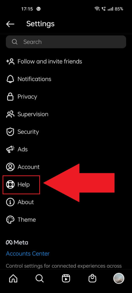 Instagram Settings page showing the "Help" option selected 