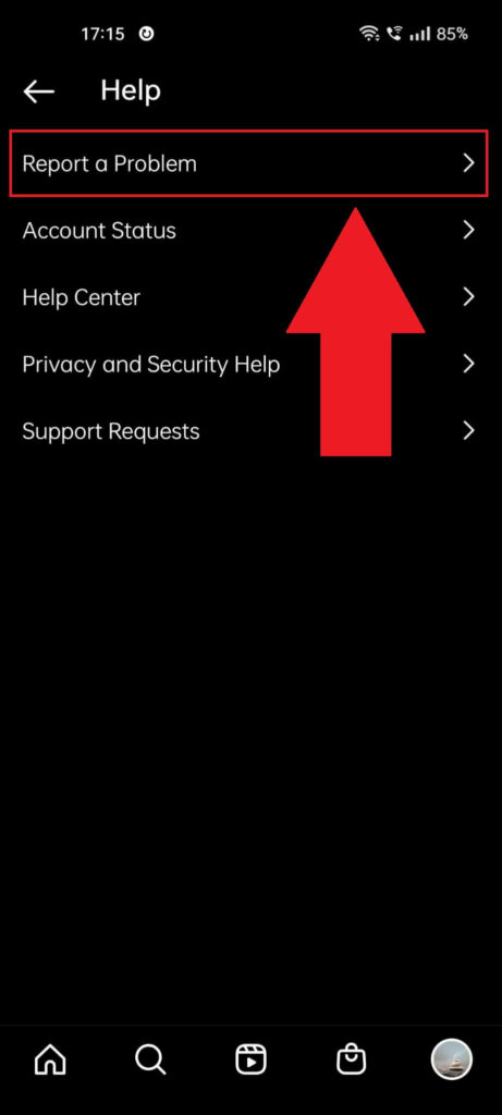 Instagram "Help" page where the "Report a problem" option is highlighted in red