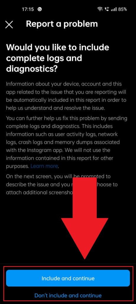 Instagram "Report a problem" page where the "Include and continue" and "Don't include and continue" options are highlighted in red