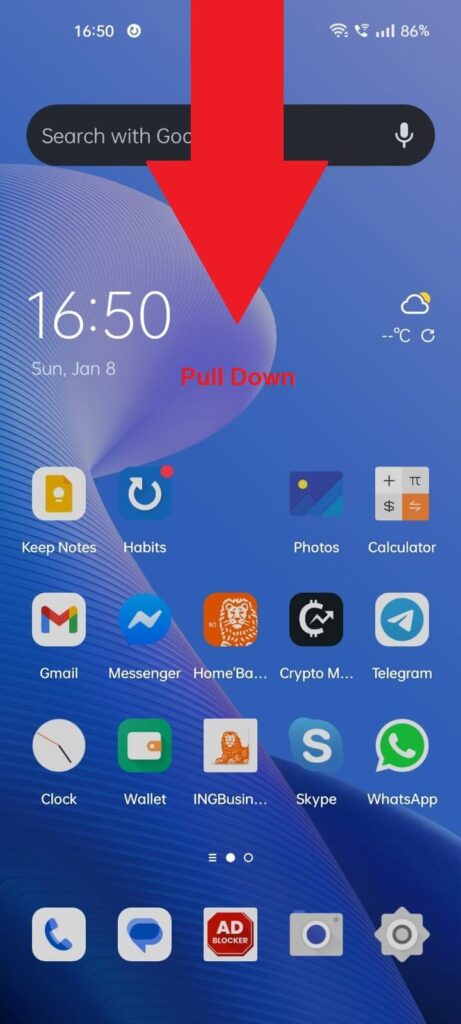 Android phone showing an arrow pointing down from the top of the screen, and the message "Pull Down" next to it