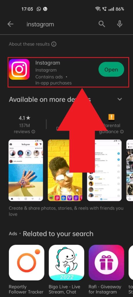 Instagram official page on the Play Store where the "Open" button is highlighted in red