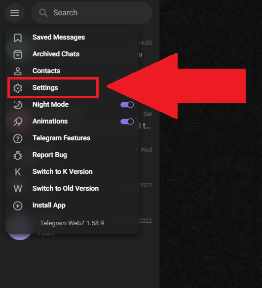 Telegram Web showing the "Settings" option highlighted in red