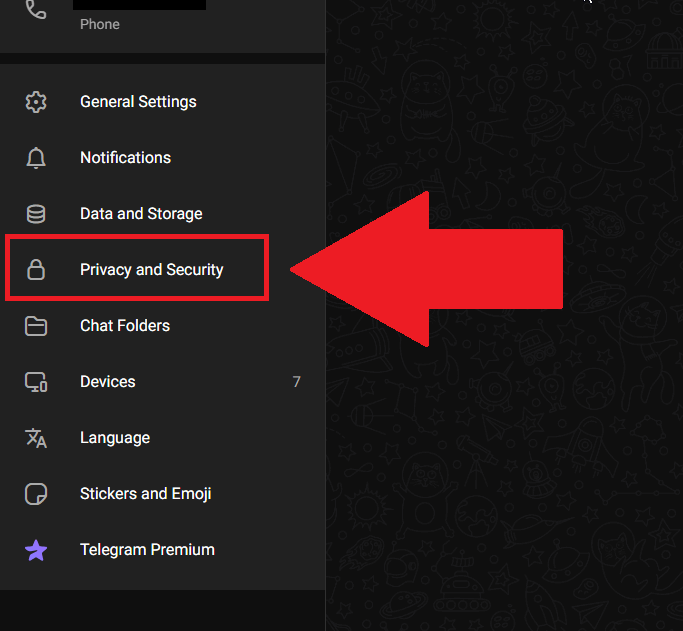 Telegram Web app showing the "Privacy and Security" option highlighted on the Settings page