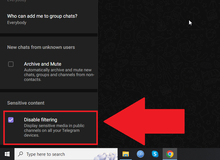 Telegram web app showing the "Disable filtering" option enabled