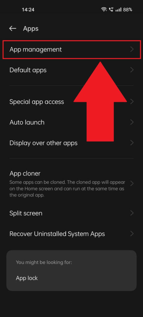 Android "Apps" settings page where the "App management" option is highlighted in red