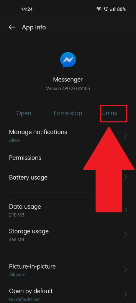 Messenger App Info page where the "Uninstall" option is highlighted in red