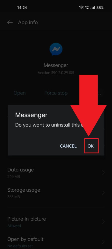 Messenger uninstallation confirmation window where the "Ok" button is highlighted in red