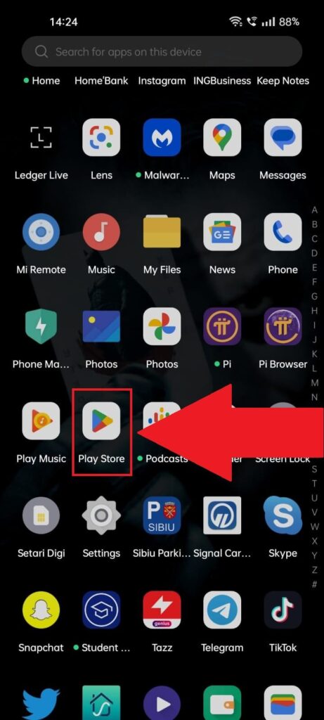 Android app list where the "Play Store" app is highlighted in red